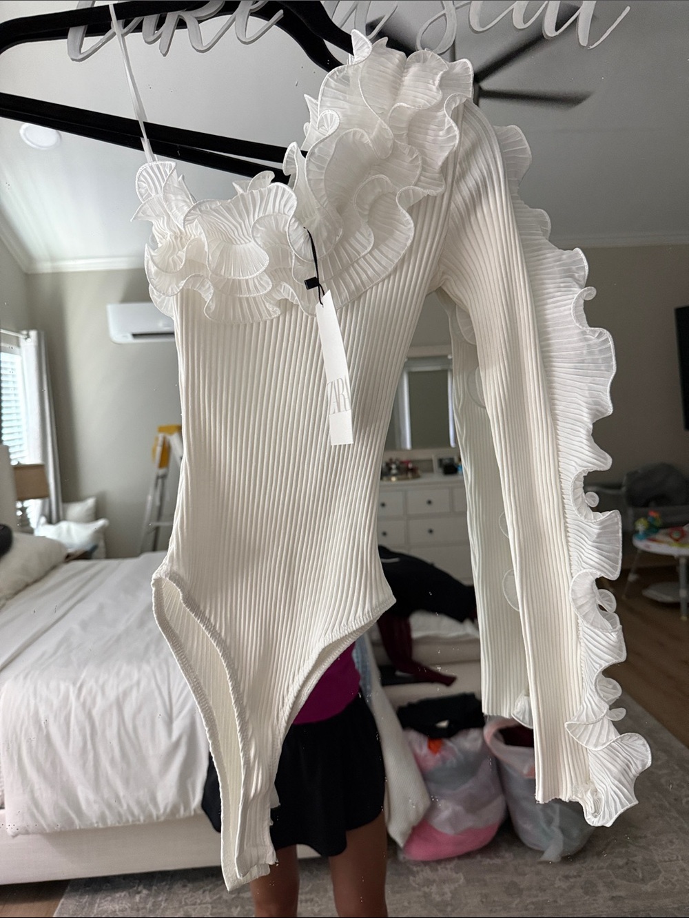 Zara White One-Shoulder Ruffle Ribbed Bodysuit